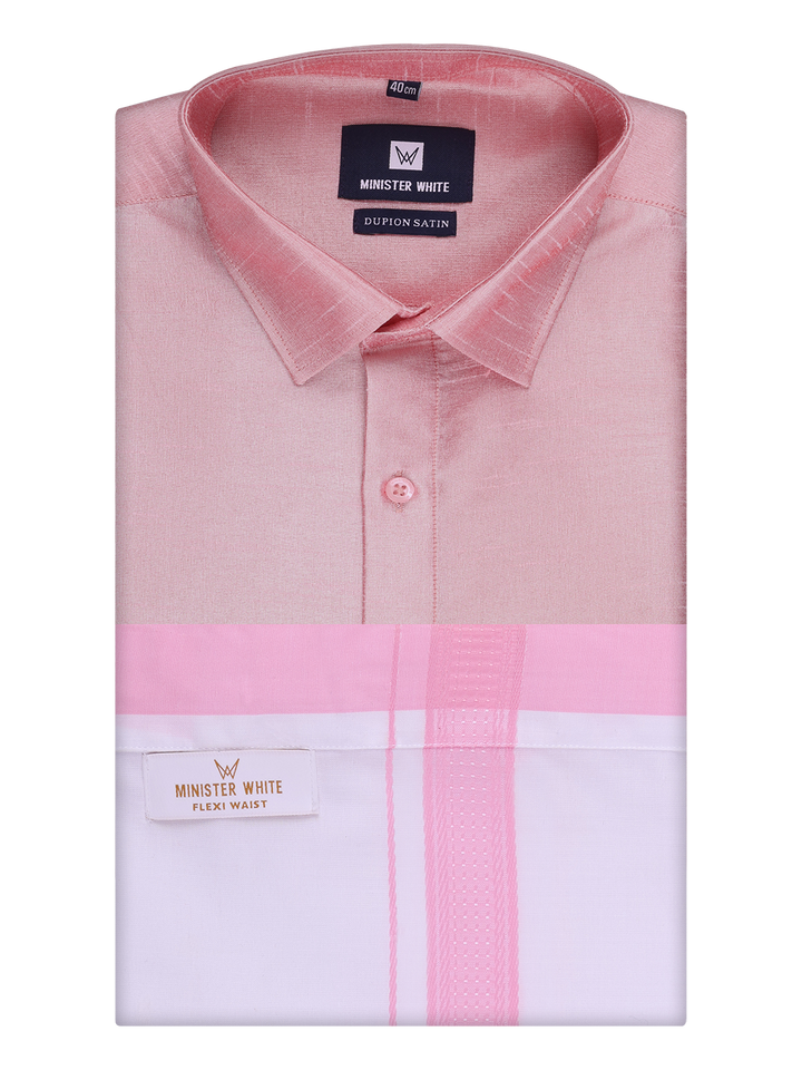 Mens Light Pink Dupion Satin Shirt with Matching Border Flexi Dhoti Combo Gora Flexi by Minister White