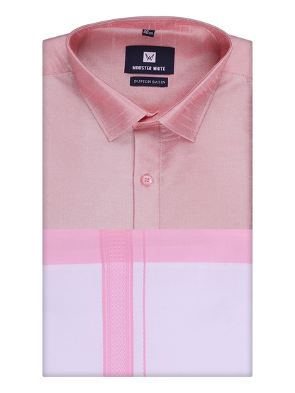 Mens Light Pink Dupion Satin Shirt with Matching Border Dhoti Combo Gora by Minister White