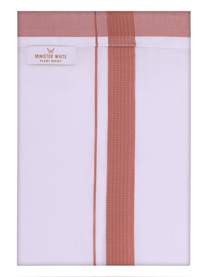 Mens Cotton White Flexi Dhoti with Light Brown Border by Minister White