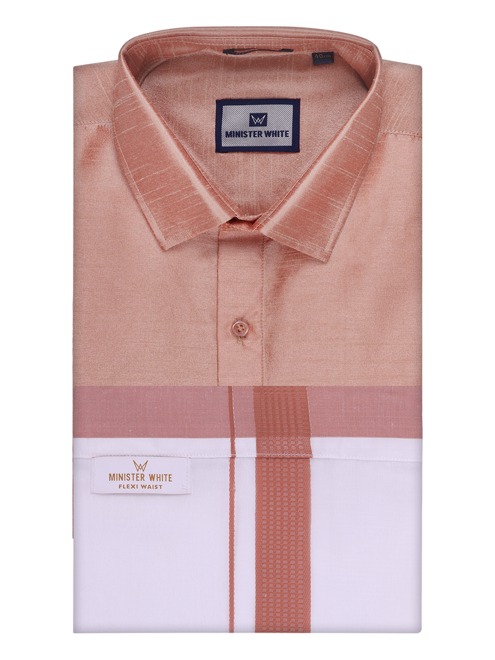 Mens Light Brown Dupion Satin Shirt with Matching Border Flexi Dhoti Combo Gora Flexi by Minister White