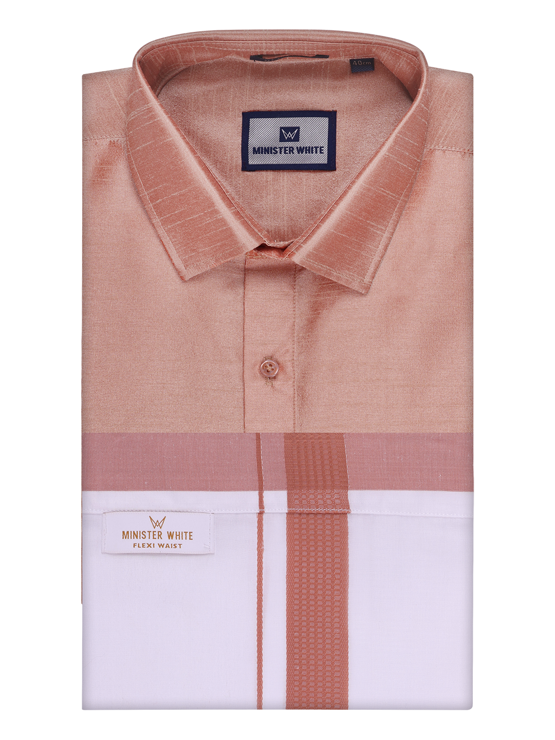 Mens Light Brown Dupion Satin Shirt with Matching Border Flexi Dhoti Combo Gora Flexi by Minister White