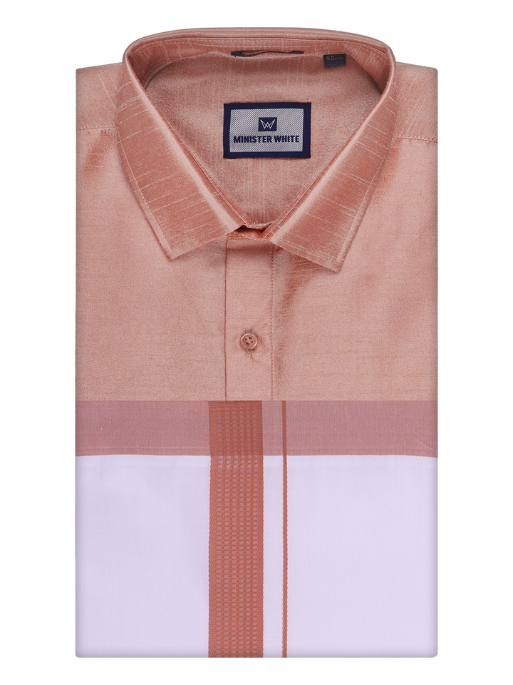 Mens Light Brown Dupion Satin Shirt with Matching Border Dhoti Combo Gora by Minister White