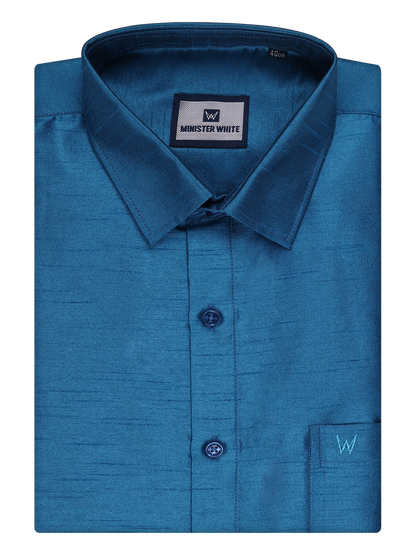 Mens Ramar Blue Dupion Satin Color Shirt by Minister White