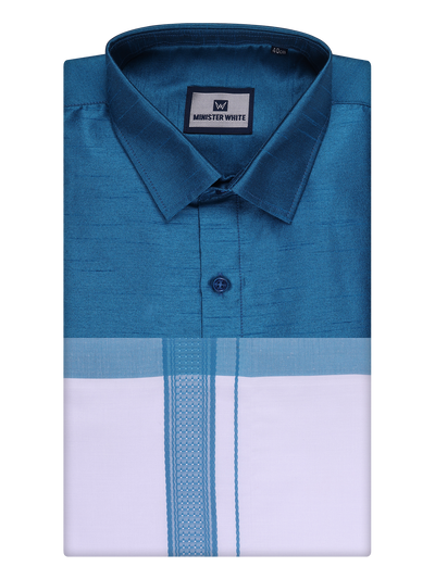 Mens Ramar Blue Dupion Satin Color Shirt with Matching Border Dhoti Combo Gora by Minister White