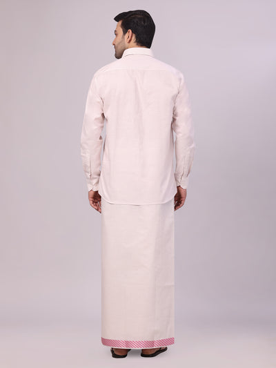 Men's Light Rose Tissue Stripe Shirt and Dhoti Combo with Jacquard Border Kane back pose