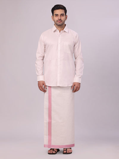 Men's Light Rose Tissue Stripe Shirt and Dhoti Combo with Jacquard Border Kane