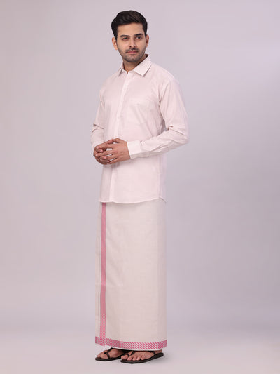 Men's Light Rose Tissue Stripe Shirt and Dhoti Combo with Jacquard Border Kane side pose