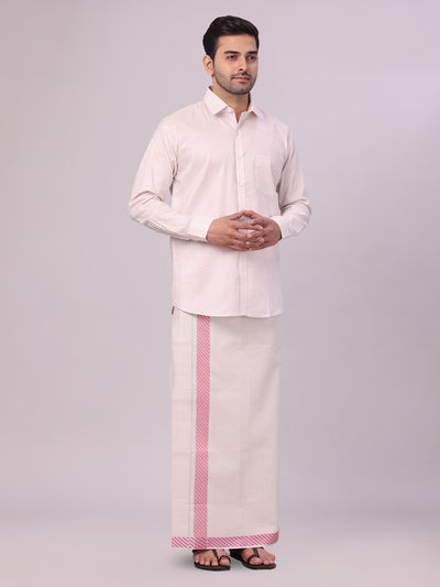 Men's Light Rose Tissue Stripe Shirt and Dhoti Combo with Jacquard Border Kane side pose