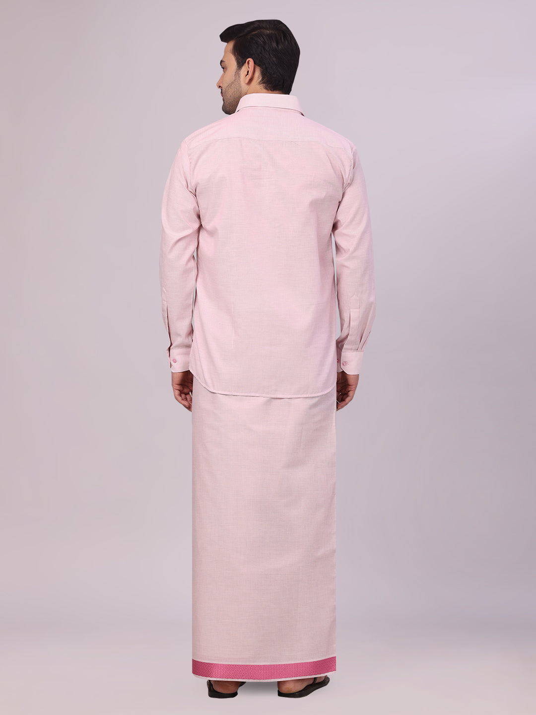 Men's Rose Tissue Stripe Shirt and Dhoti Combo with Jacquard Border Kane back pose