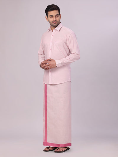 Men's Rose Tissue Stripe Shirt and Dhoti Combo with Jacquard Border Kane side pose