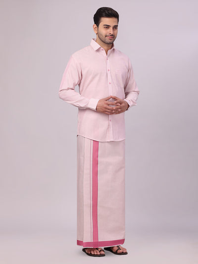 Men's Rose Tissue Stripe Shirt and Dhoti Combo with Jacquard Border Kane side pose