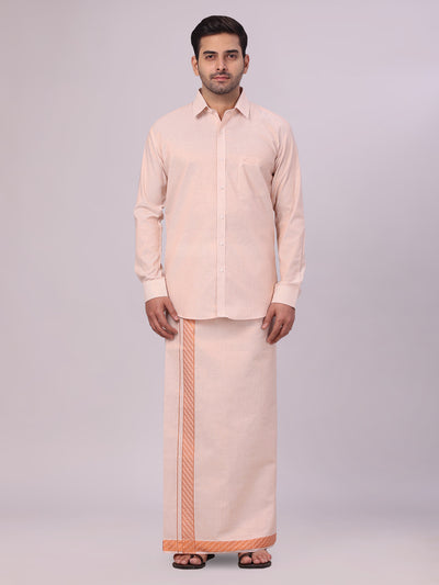 Men's Copper Tissue Stripe Shirt and Dhoti Combo with Jacquard Border Kane