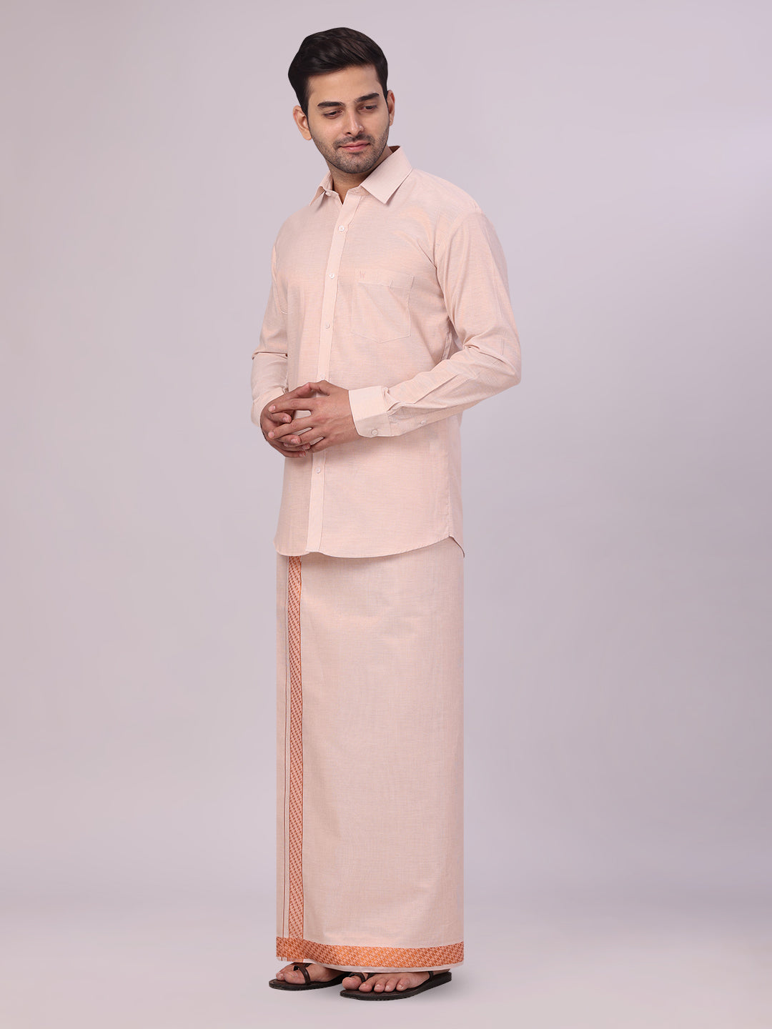 Men's Copper Tissue Stripe Shirt and Dhoti Combo with Jacquard Border Kane side pose