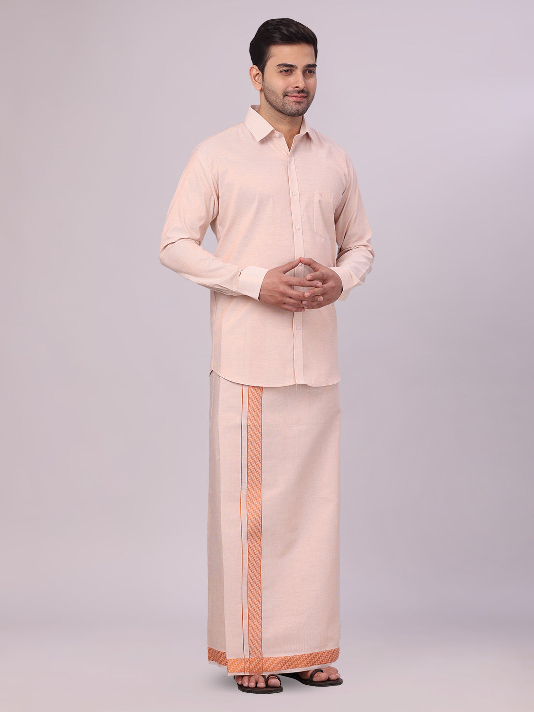 Men's Copper Tissue Stripe Shirt and Dhoti Combo with Jacquard Border Kane side pose