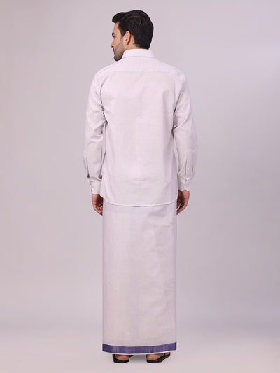 Men's Lavender Tissue Stripe Shirt and Dhoti Combo with Jacquard Border Kane back pose