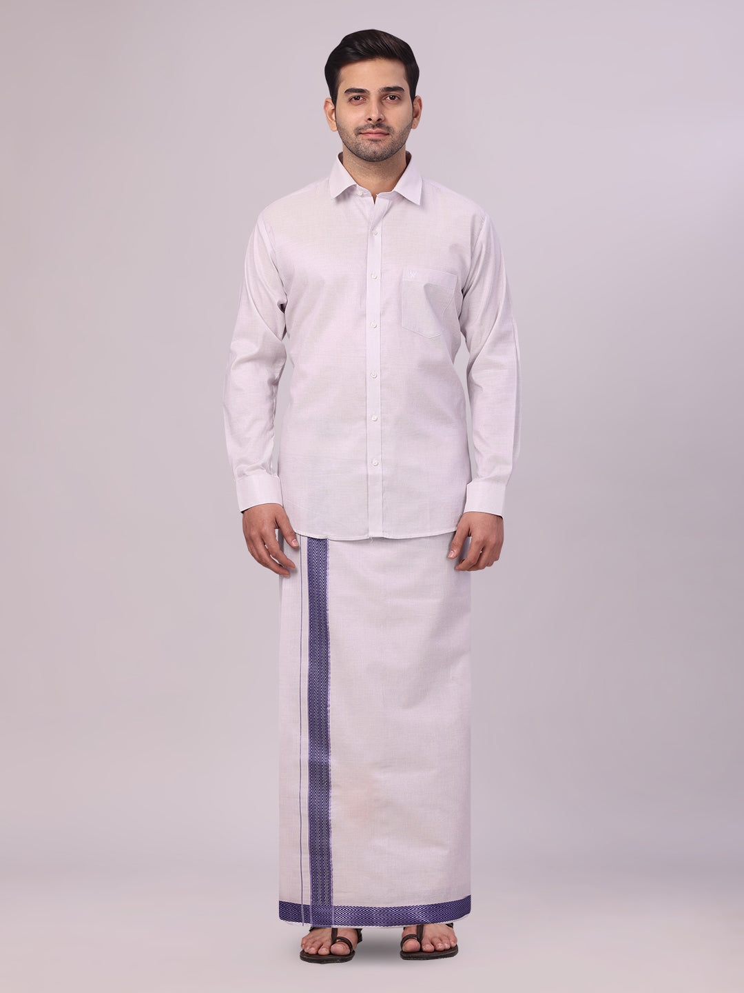 Men's Lavender Tissue Stripe Shirt and Dhoti Combo with Jacquard Border Kane