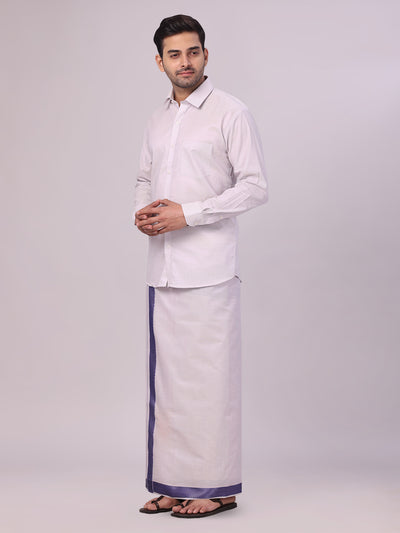 Men's Lavender Tissue Stripe Shirt and Dhoti Combo with Jacquard Border Kane side pose