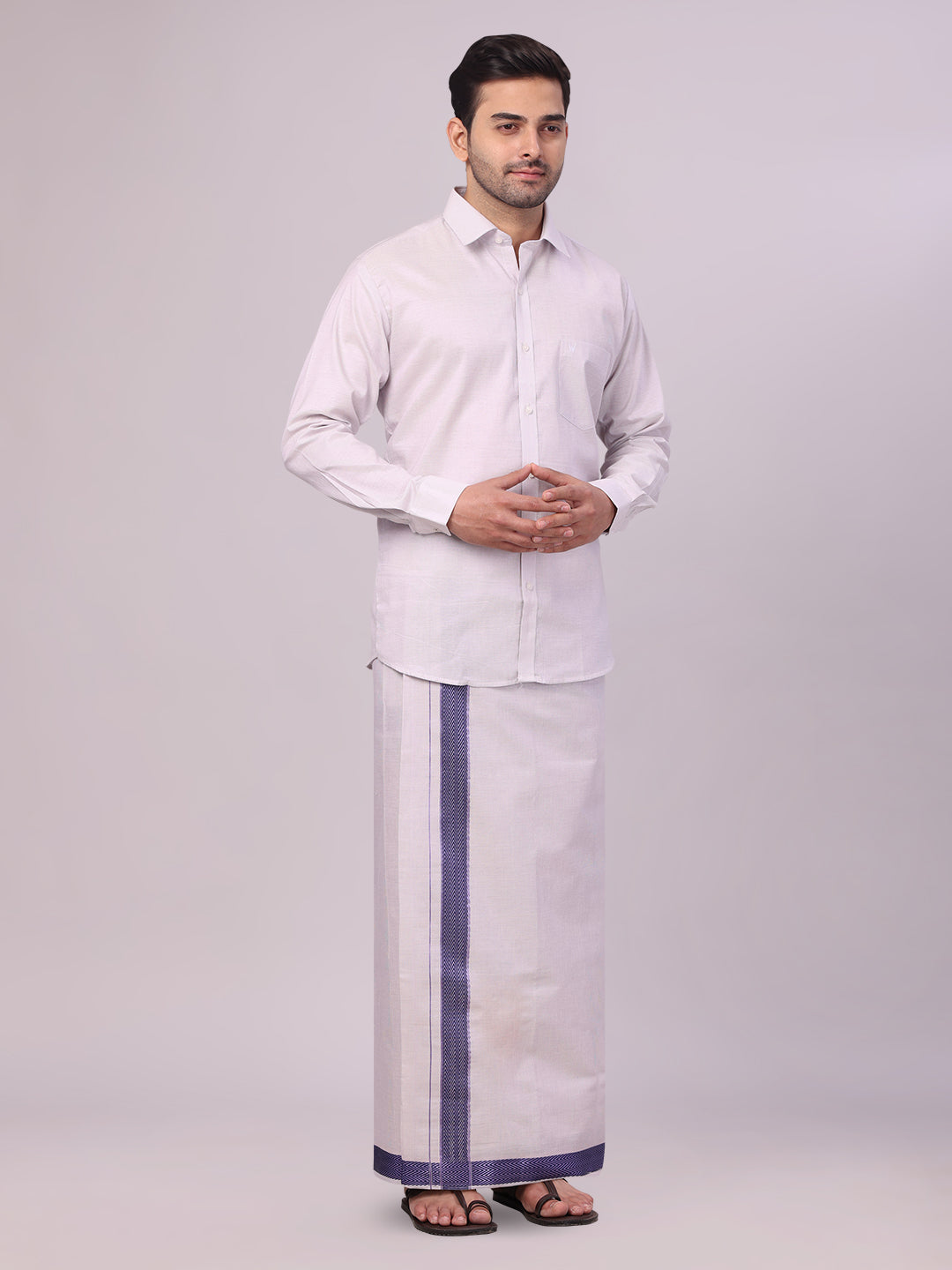 Men's Lavender Tissue Stripe Shirt and Dhoti Combo with Jacquard Border Kane side pose