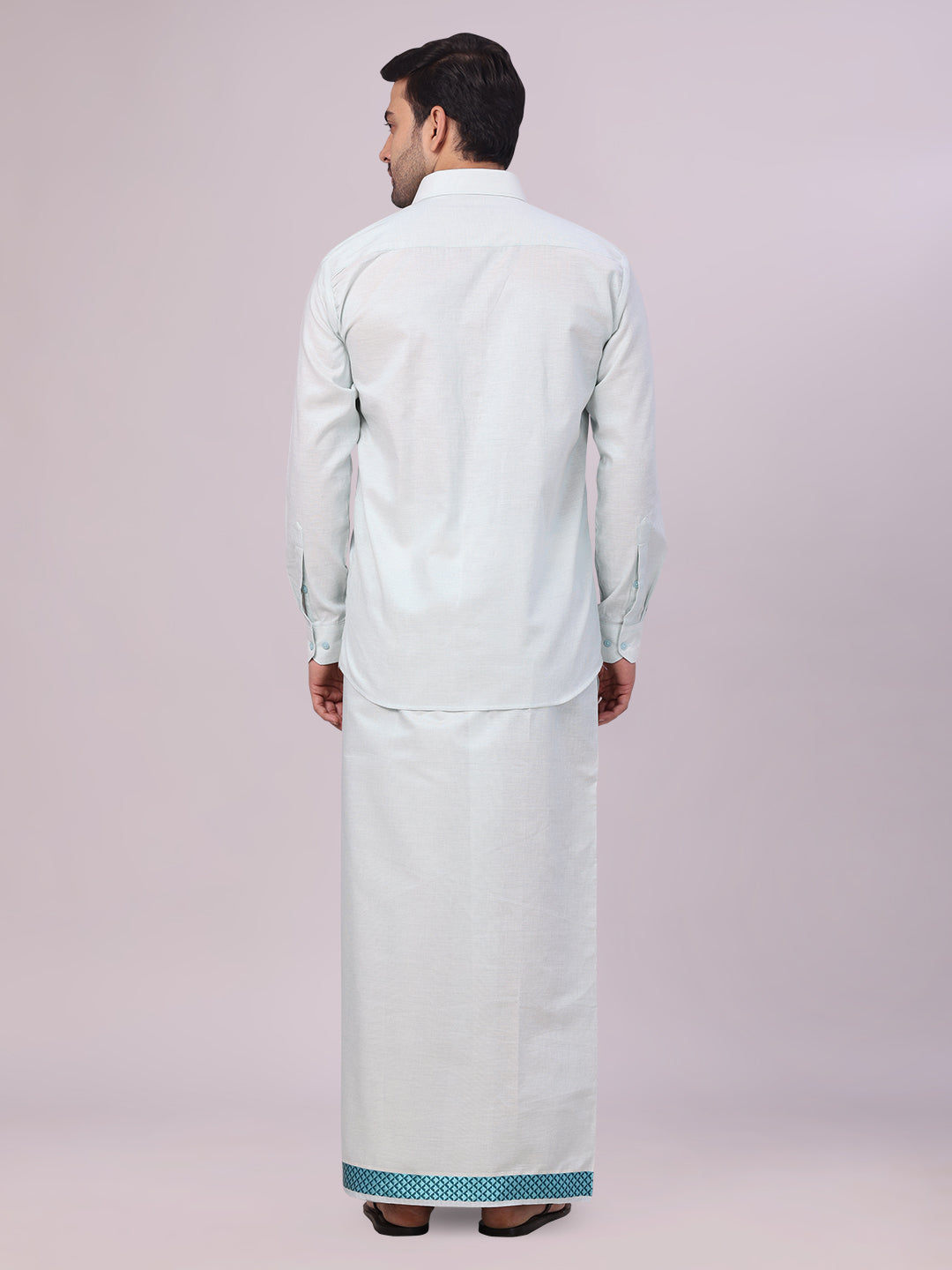 Men's Mint Blue Tissue Stripe Shirt and Dhoti Combo with Jacquard Border Kane back pose