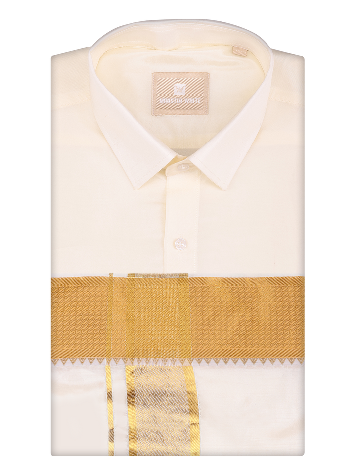 Mens Art Silk Cream Full Sleeves Shirt with 3 1/2" Gold Jari Border Dhoti Combo Haldi by Minister White