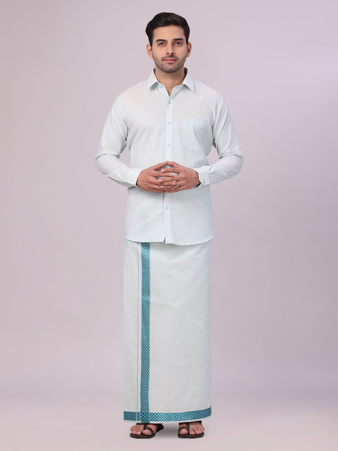 Men's Mint Blue Tissue Stripe Shirt and Dhoti Combo with Jacquard Border Kane