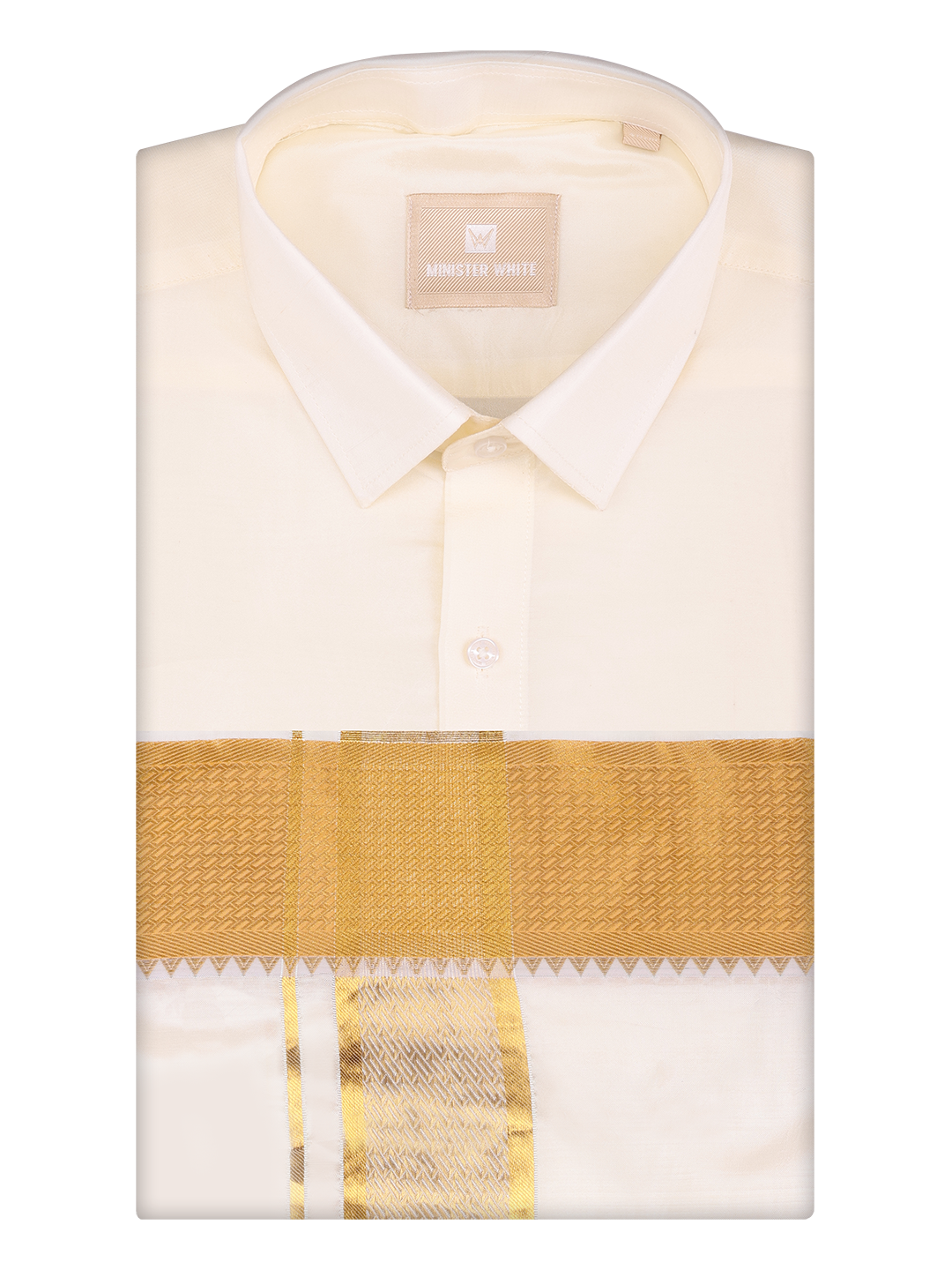 Mens Art Silk Cream Full Sleeves Shirt with 3 1/2" Gold Jari Border Dhoti Combo Haldi by Minister White