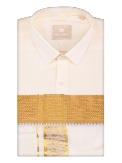 Mens Art Silk Cream Full Sleeves Shirt with 3 1/2" Gold Jari Border Dhoti Combo Haldi by Minister White