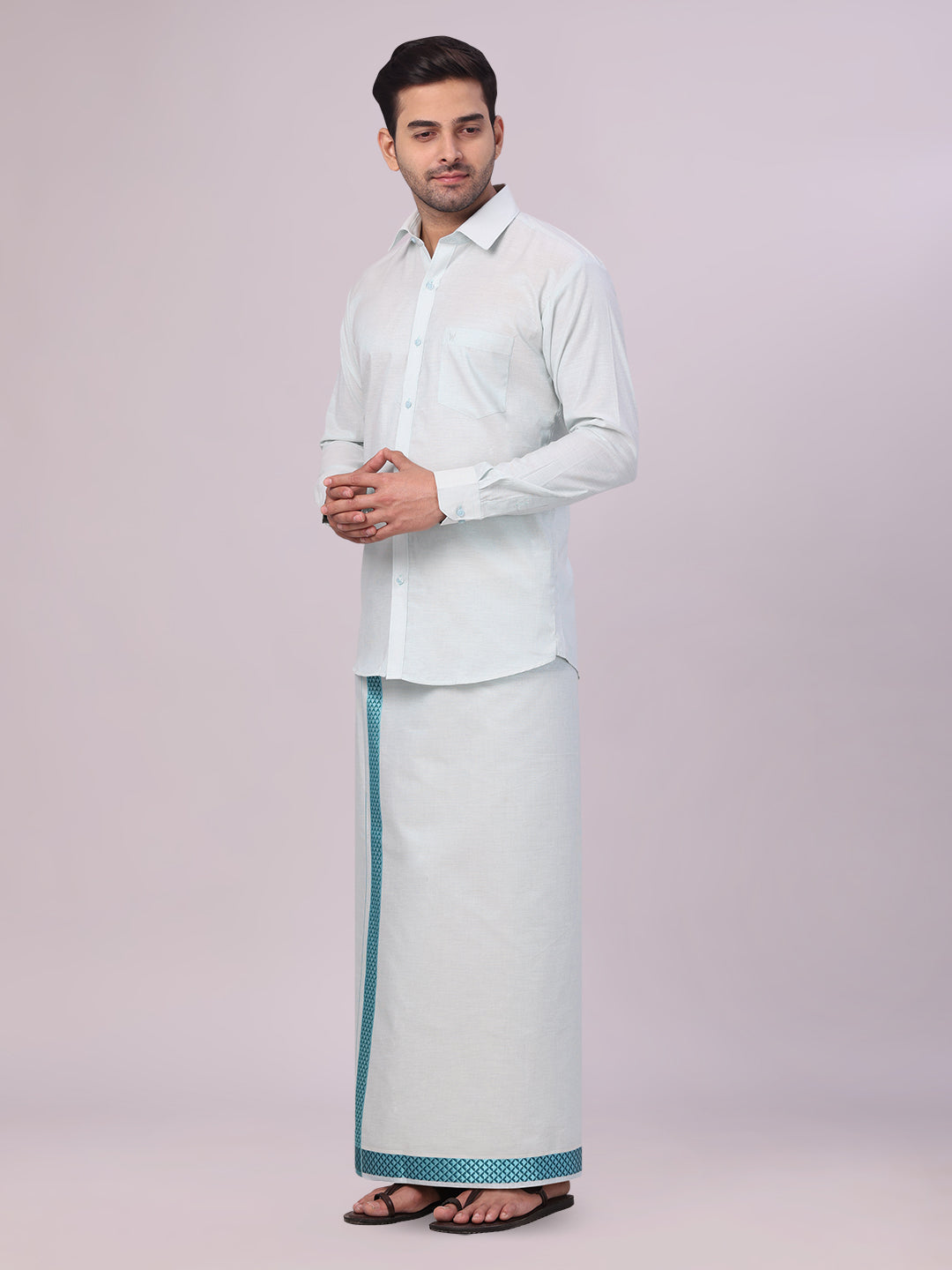 Men's Mint Blue Tissue Stripe Shirt and Dhoti Combo with Jacquard Border Kane side pose