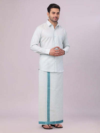 Men's Mint Blue Tissue Stripe Shirt and Dhoti Combo with Jacquard Border Kane side pose