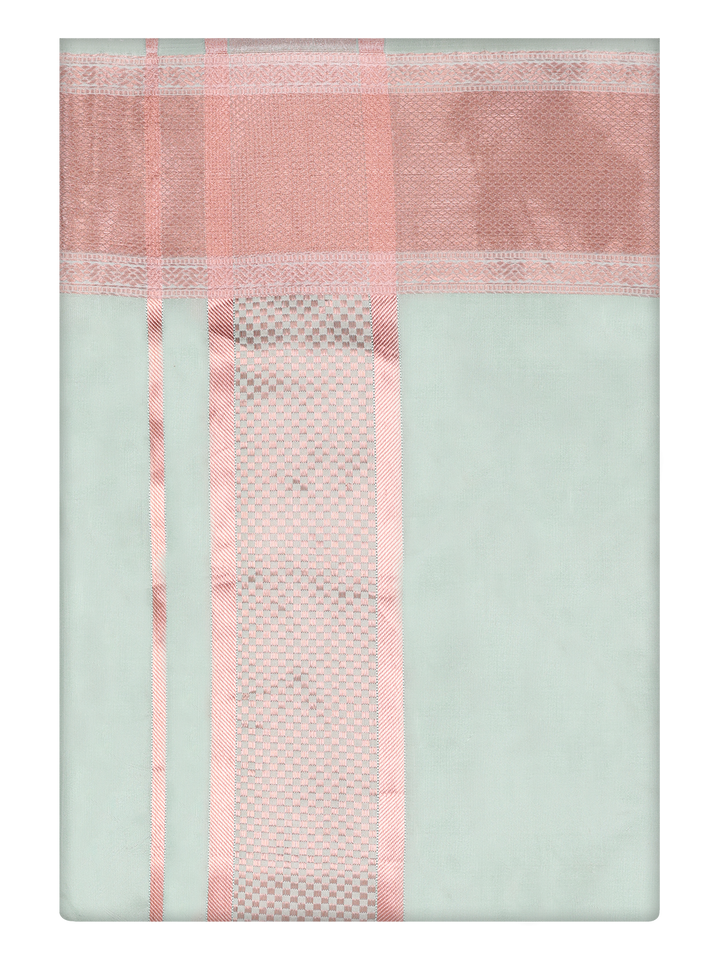 Mens Art Silk Pista Color Dhoti with 3 1/2" Copper Jari Border by Minister White
