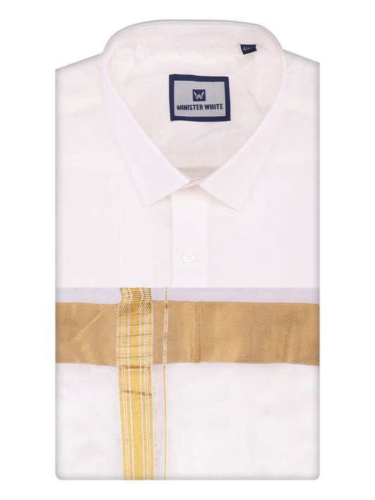 Men's Art Silk Half White Full Sleeves Shirt with 100k Gold Jari Border Dhoti Combo Finesse