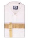 Men's Art Silk Off White Full Sleeves Shirt with 100k Gold Jari Border Dhoti Combo Finesse