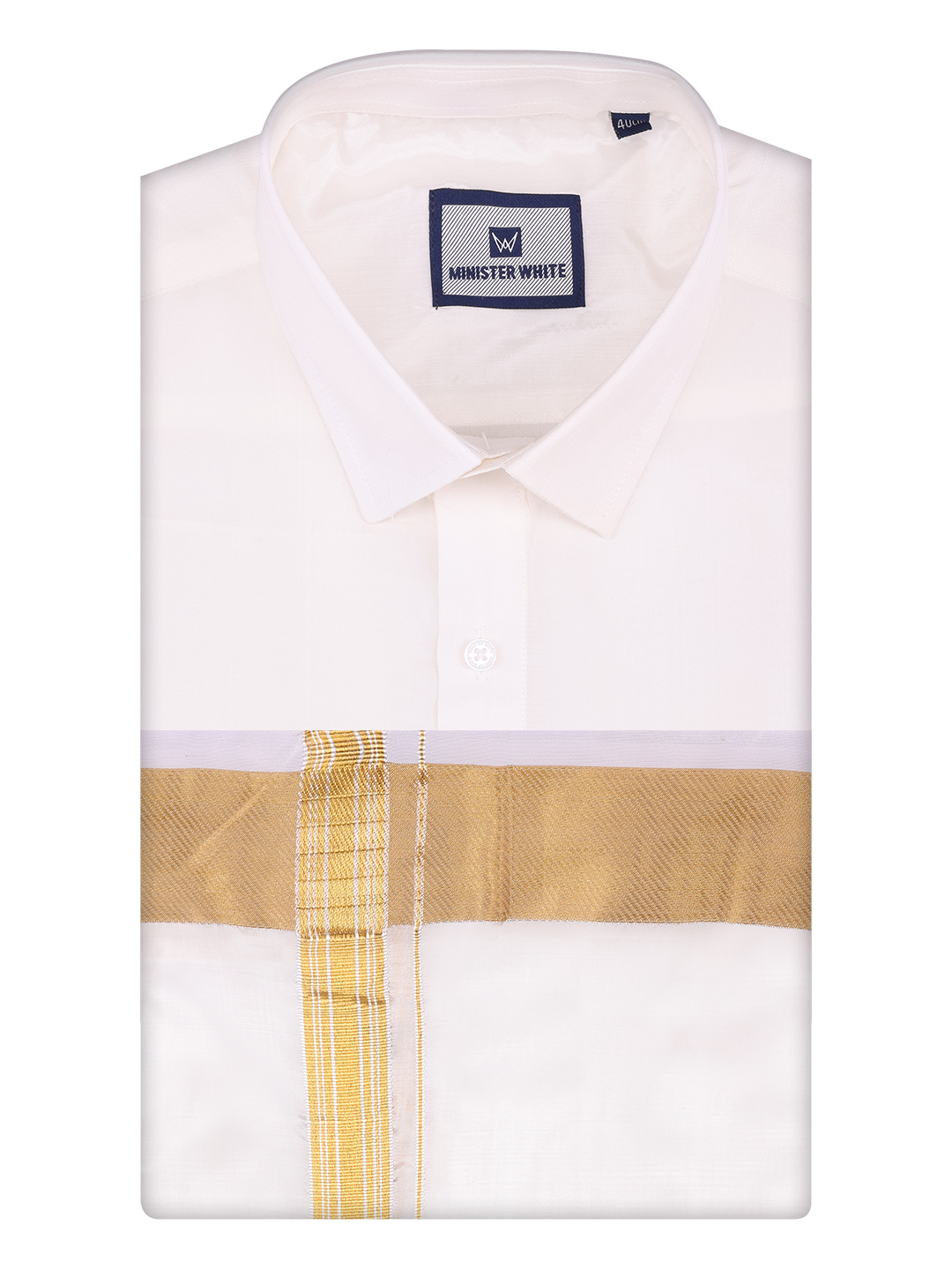 Mens Art Silk Half White Full Sleeves Shirt with 100k Gold Jari Border Dhoti Combo Finesse