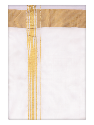 Mens Art Silk Half White Full Sleeves Shirt with 100k Gold Jari Border Dhoti Combo Finesse