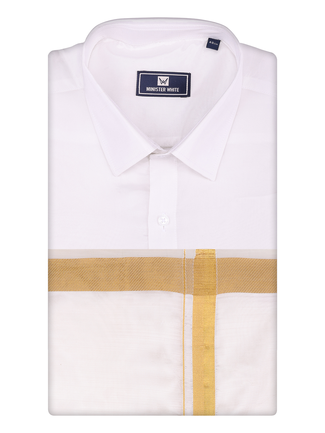 Mens Art Silk Half White Full Sleeves Shirt with 70k Gold Jari Border Dhoti Combo Finesse