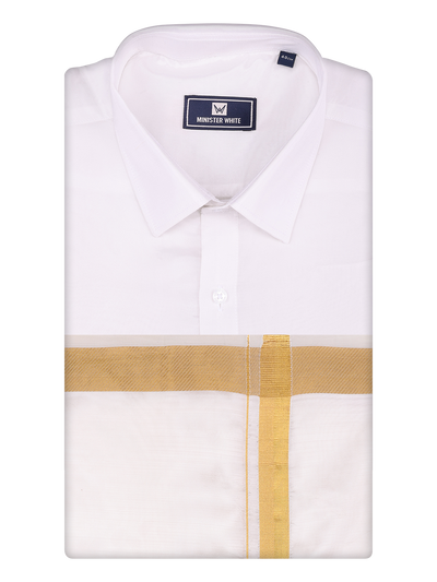 Mens Art Silk Half White Full Sleeves Shirt with 70k Gold Jari Border Dhoti Combo Finesse