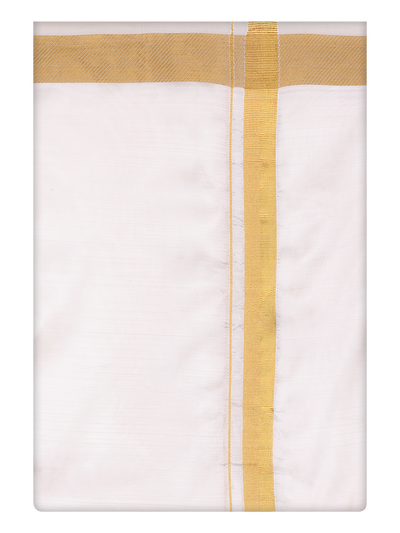 Mens Art Silk Half White Full Sleeves Shirt with 70k Gold Jari Border Dhoti Combo Finesse