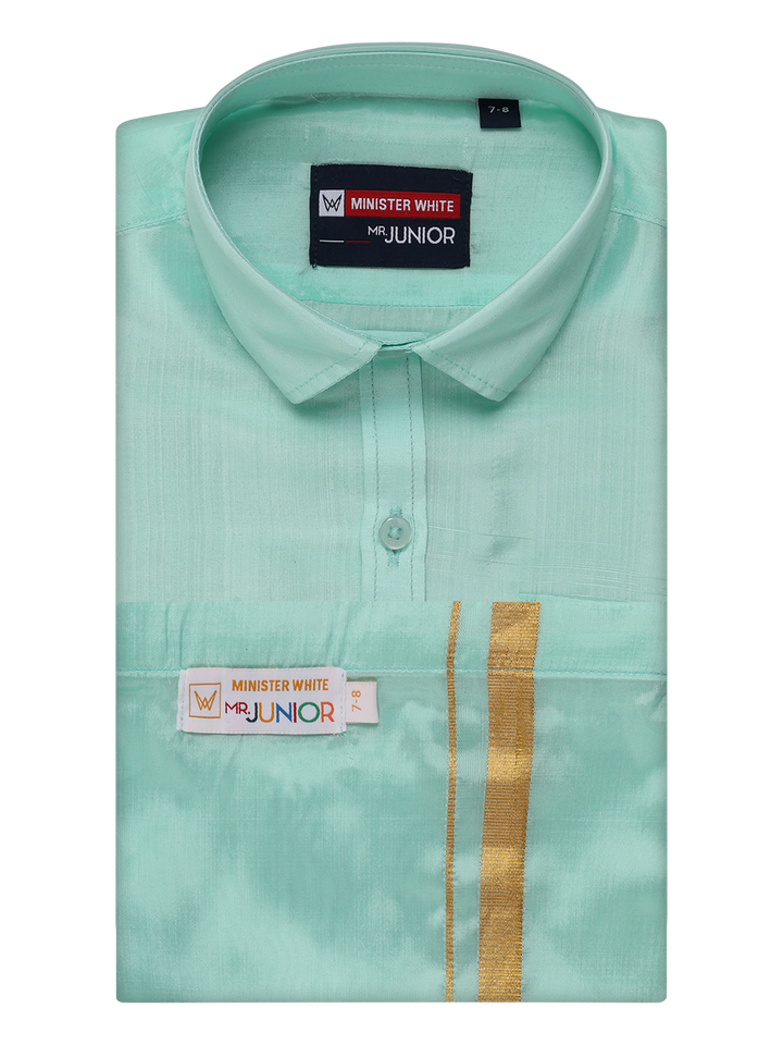 Boys Mint Leaf Green Matching Art Silk Shirt and Flexi Dhoti Combo Poppins by Minister White