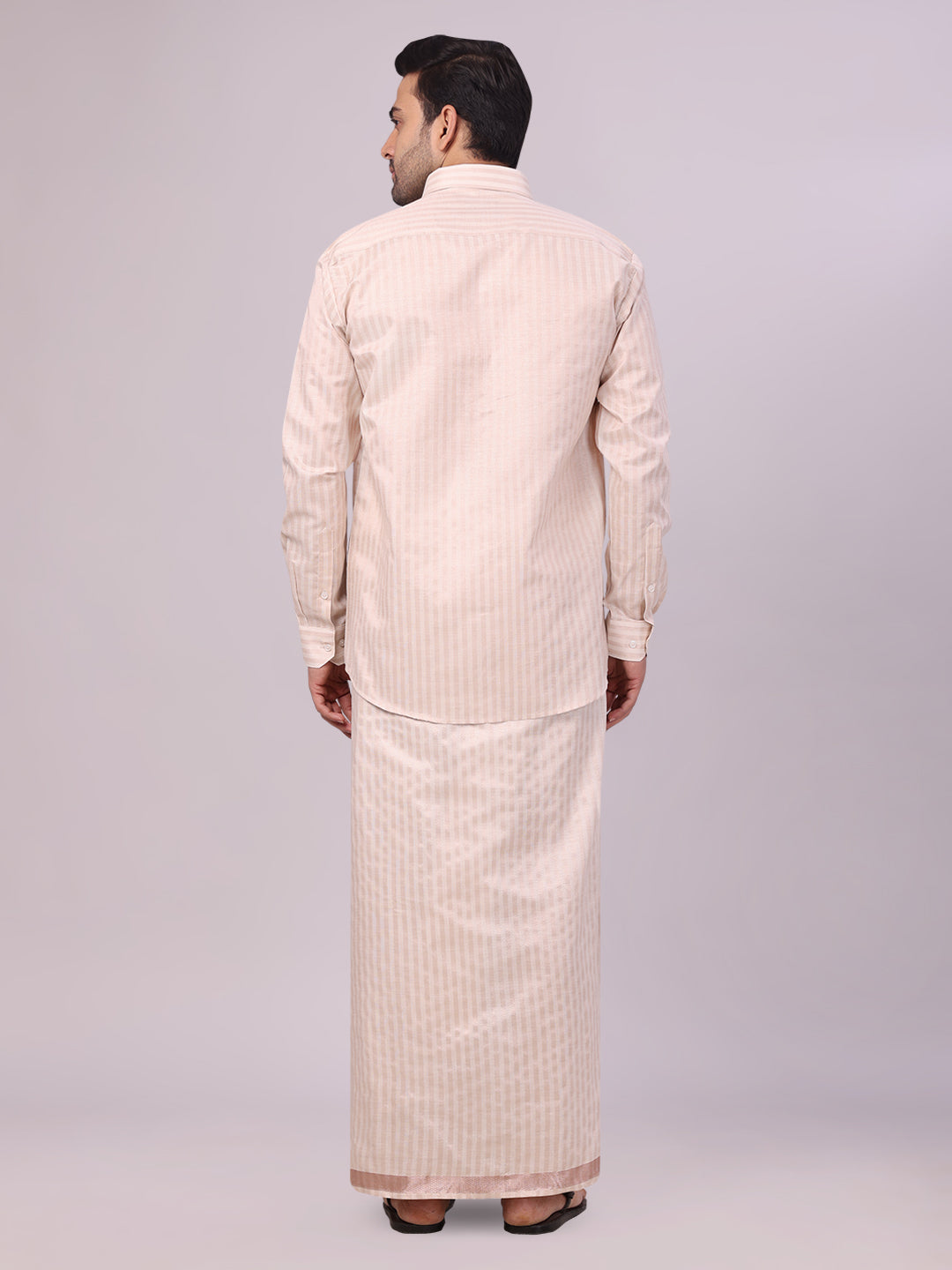 Mens Tissue Stripes Almond Shirt & Jari Border Dhoti Wedding Combo Finely