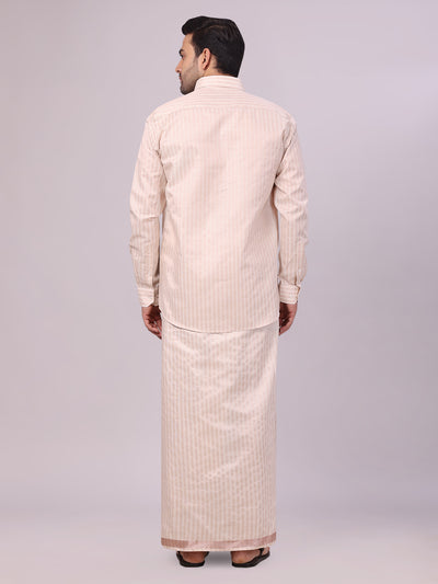 Mens Tissue Stripes Almond Shirt & Jari Border Dhoti Wedding Combo Finely