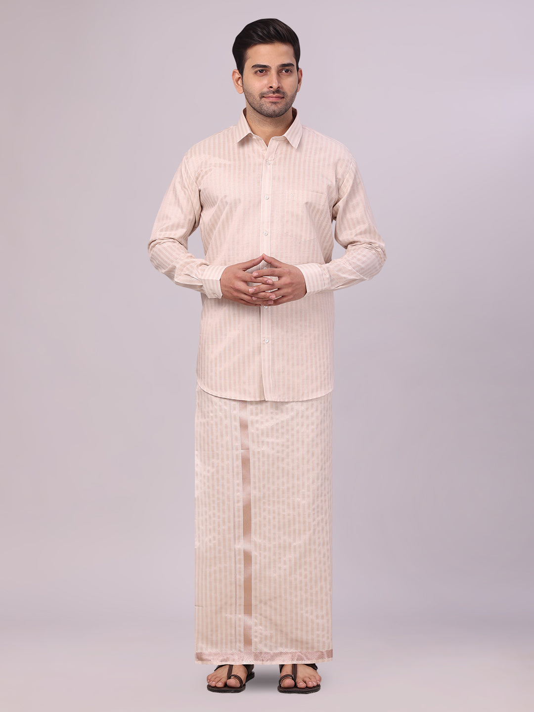 Mens Tissue Stripes Almond Shirt & Jari Border Dhoti Wedding Combo Finely