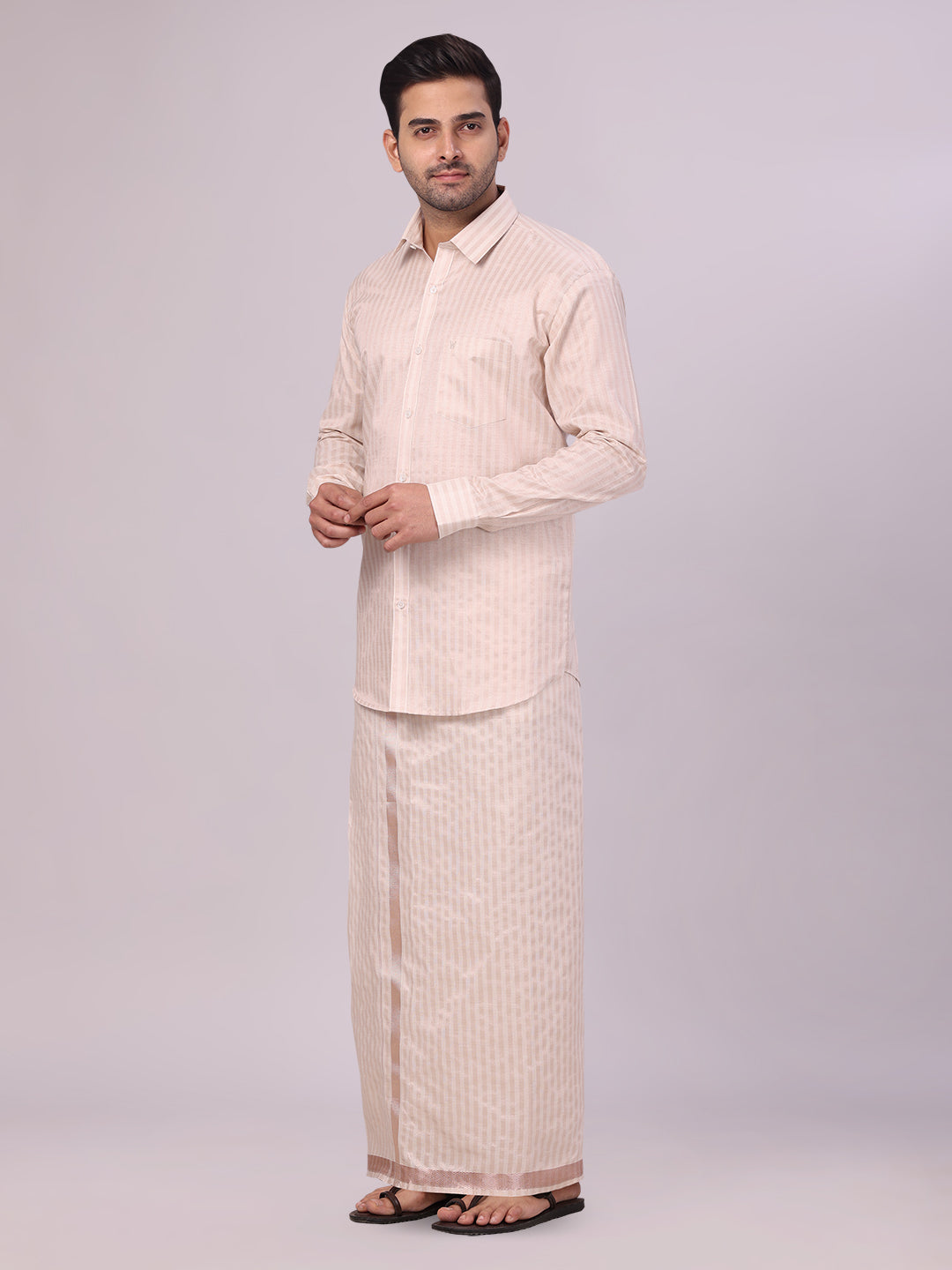 Mens Tissue Stripes Almond Shirt & Jari Border Dhoti Wedding Combo Finely