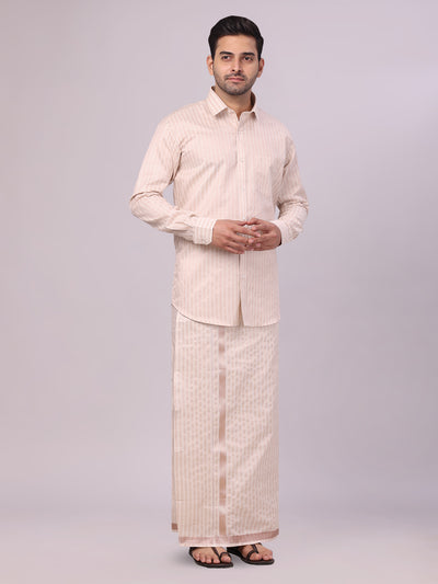 Mens Tissue Stripes Almond Shirt & Jari Border Dhoti Wedding Combo Finely