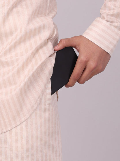 Men's Tissue Stripes Almond Shirt & Jari Border Flexi pocket Dhoti Wedding Combo Finely