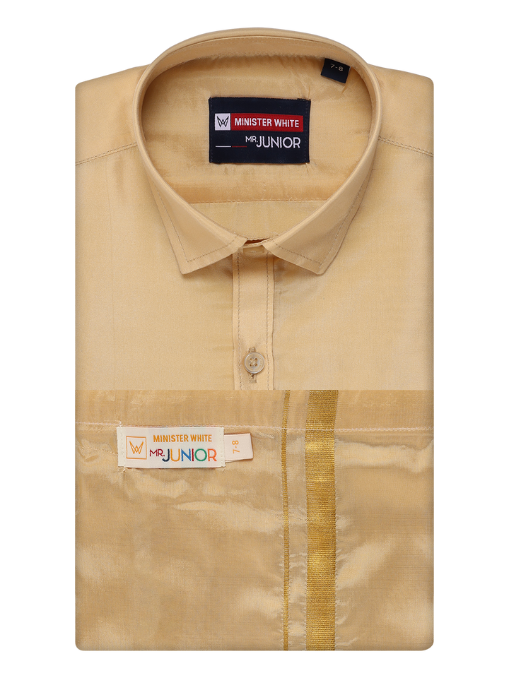 Boys Medium Gold Matching Art Silk Shirt and Flexi Dhoti Combo Poppins by Minister White