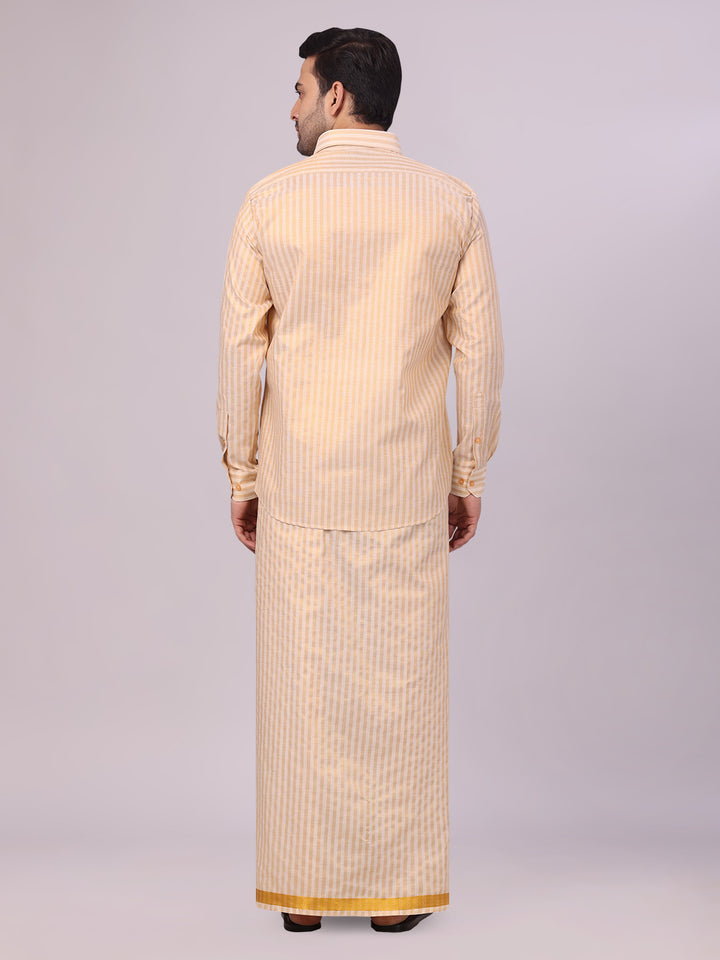 Men's Tissue Stripes Gold Shirt & Jari Border Dhoti Wedding Combo Finely back pose