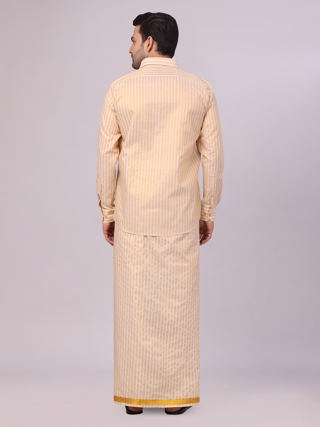 Men's Tissue Stripes Gold Shirt & Jari Border Dhoti Wedding Combo Finely back pose