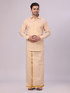 Mens Tissue Stripes Gold Shirt & Jari Border Dhoti Wedding Combo Finely