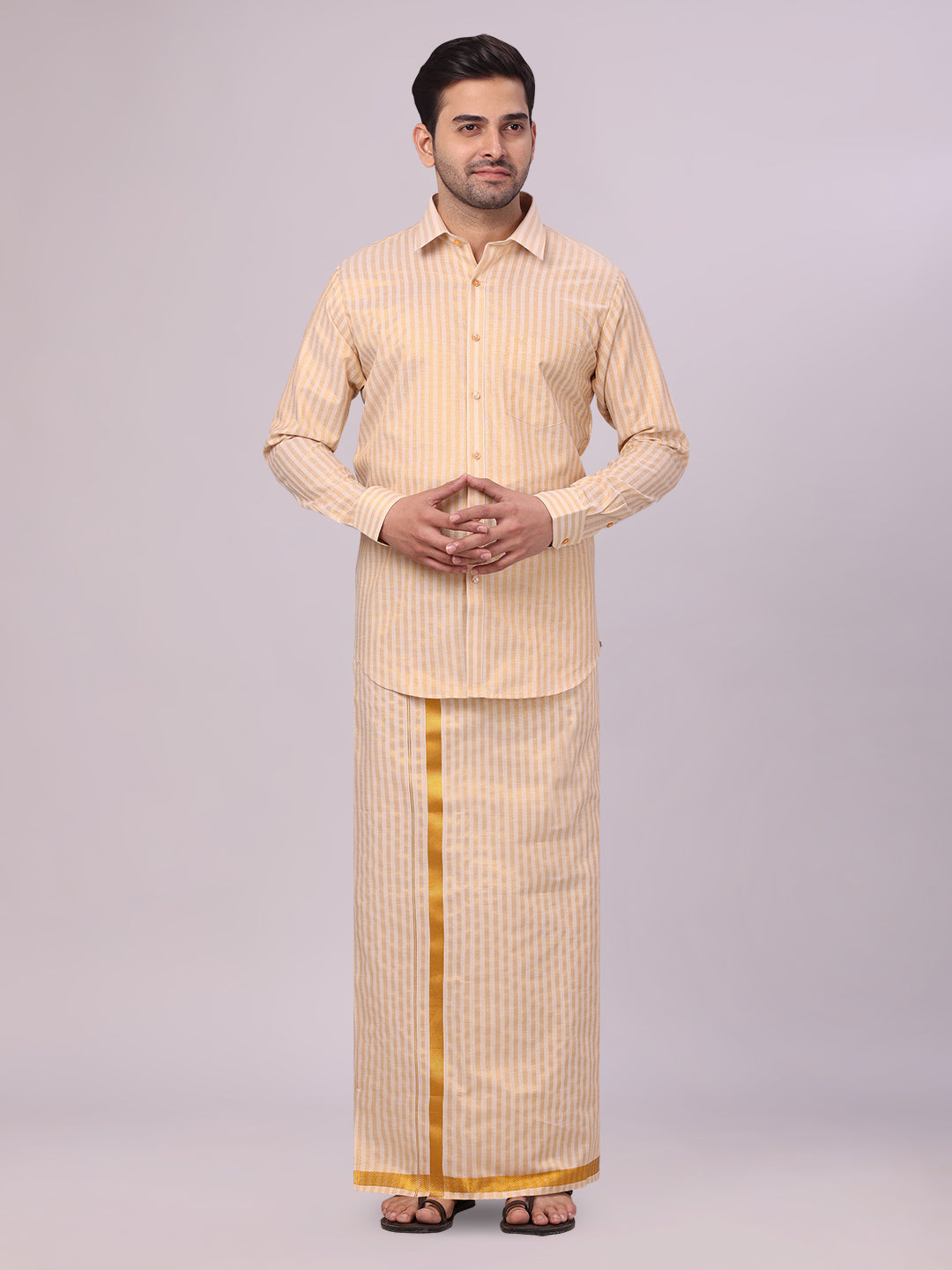 Men's Tissue Stripes Gold Shirt & Jari Border Dhoti Wedding Combo Finely