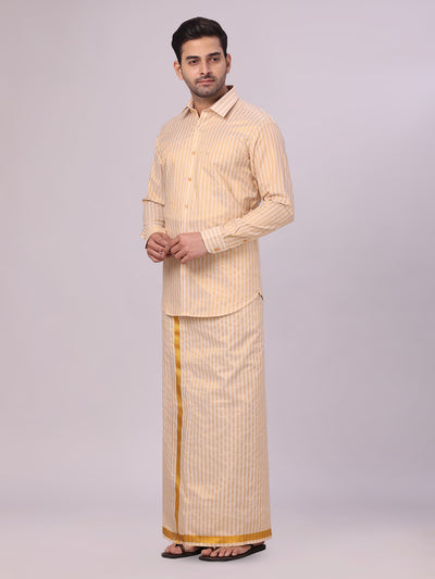 Men's Tissue Stripes Gold Shirt & Jari Border Dhoti Wedding Combo Finely side pose